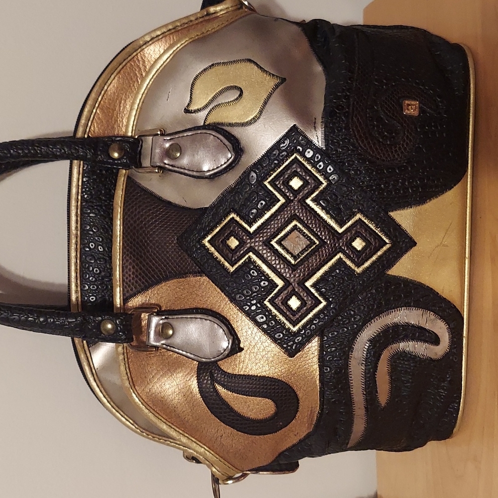 Vintage Nas Metallic Multicolored Leather Satchel Black Brown Gold Silver - Picture 2 of 16